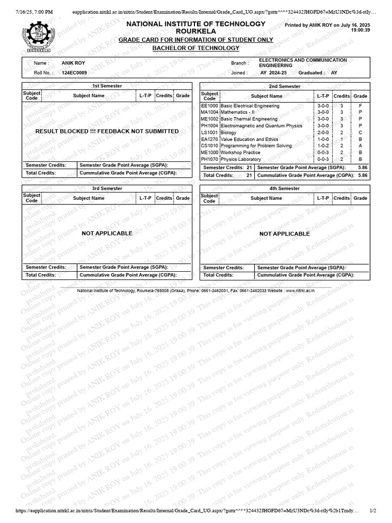 NIT Rourkela Grade Card - Anik Roy | PDF