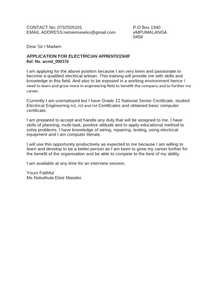 Application for Electrician Apprenticeship | PDF