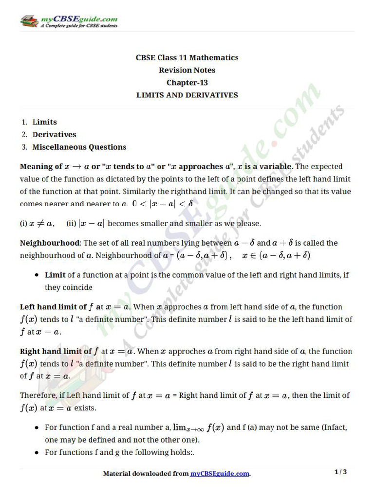 11 Maths Notes 13 Limits and Derivatives | PDF