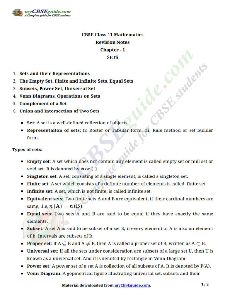11 Maths Notes 01 Sets | PDF
