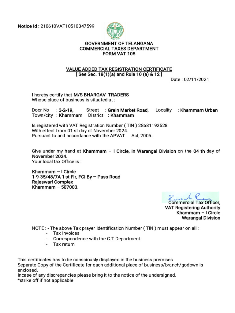 VAT Registration Certificate for Bhargav Traders | PDF