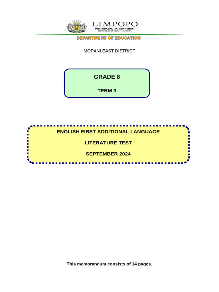 Grade 8 English Literature Test Memo | PDF | Poetry