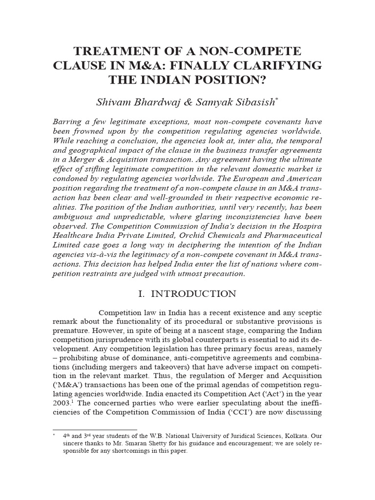 Non-Compete Clauses in Indian M&A Law | PDF | Competition Law | Mergers ...