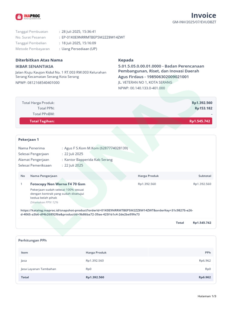 Invoice Lunas untuk Pembayaran UP | PDF