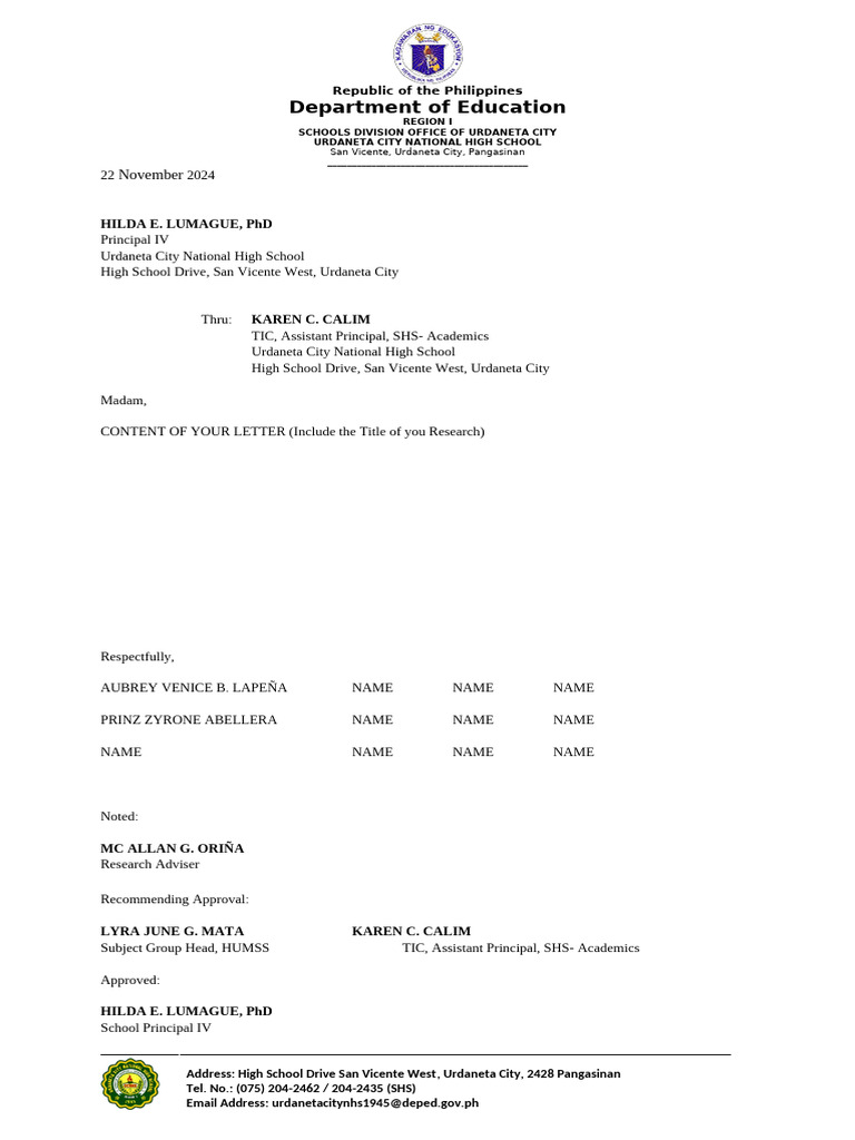 Urdaneta City National High School Letter | PDF