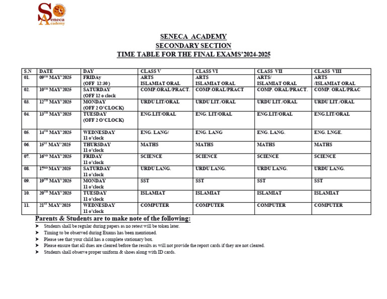 Revised Timetable Oral and Written | PDF