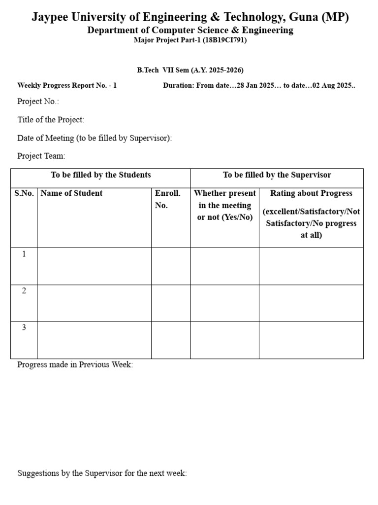 Weekly Progress Reports for B.Tech Project | PDF