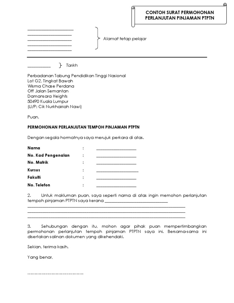 Contoh Surat An An Pinjaman Ptptn Pdf