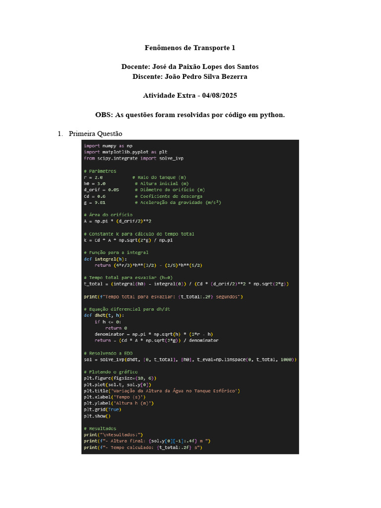 Fenômenos de Transporte: Atividade Python | PDF