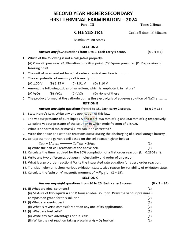 Chemistry Exam Answer Key 2024 | PDF | Chemical Substances | Physical ...