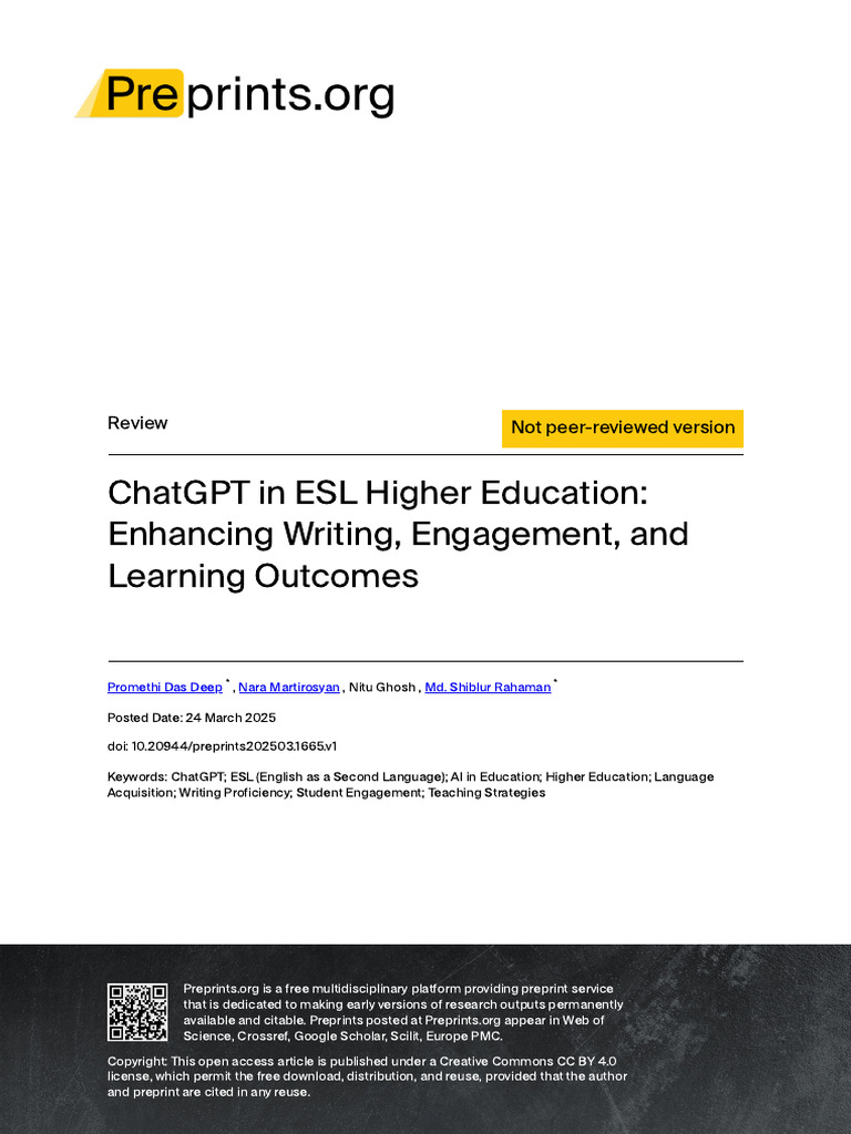 ChatGPT's Role in ESL Higher Education | PDF | English As A Second Or ...