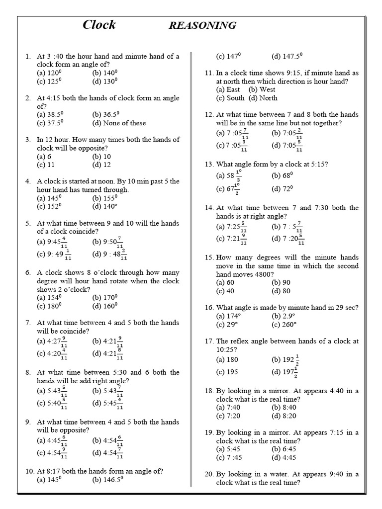 Clock Reasoning Questions and Answers | PDF | Hour | Chess Openings
