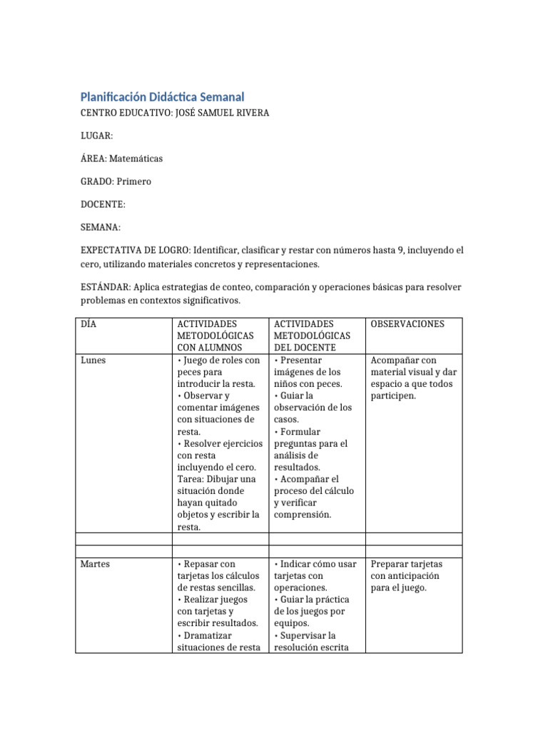 Planificación Semanal de Matemáticas 1° grado | PDF | Aprendizaje ...
