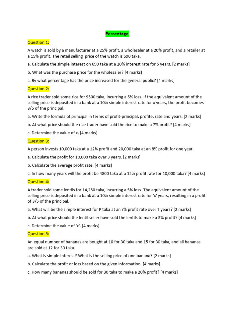 Profit and Interest Calculation Exercises | PDF | Interest | Interest Rates