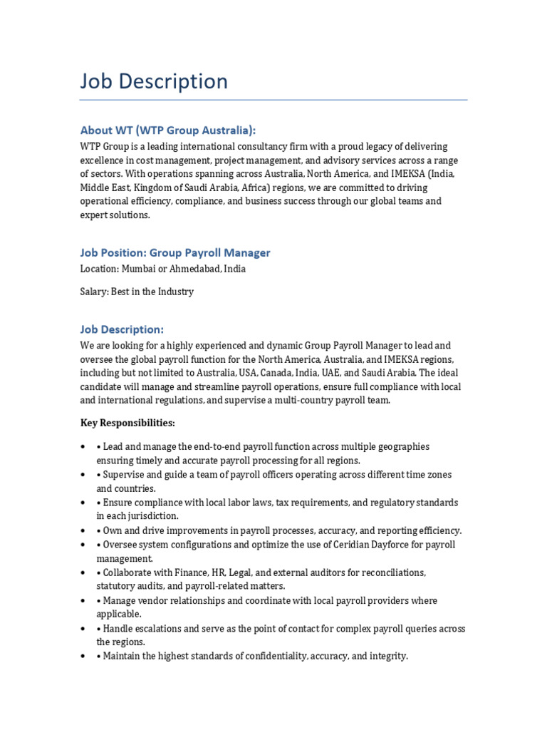 WTP Group Payroll Manager JD | PDF | Payroll | Regulatory Compliance