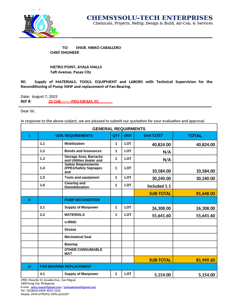 Pump Reconditioning Quotation Philippines | PDF