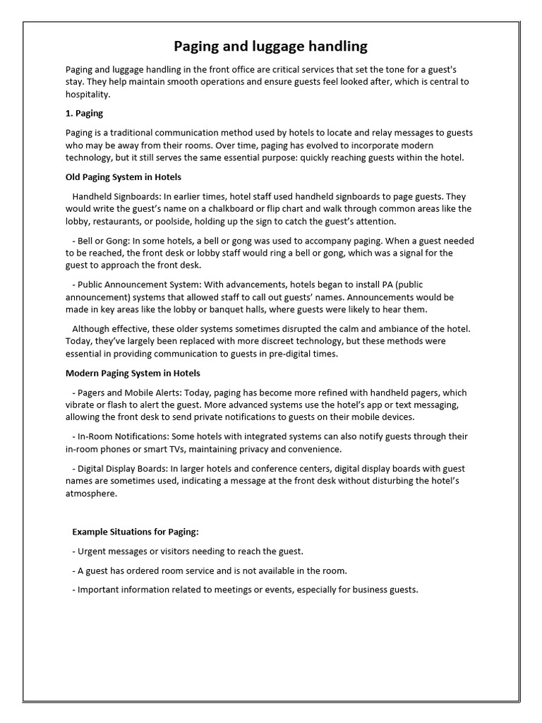 Paging and Luggage Handling in Hotels | PDF
