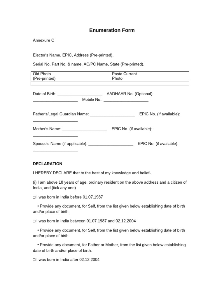 Enumeration Form Annexure C Annexure D | PDF | Identity Document ...