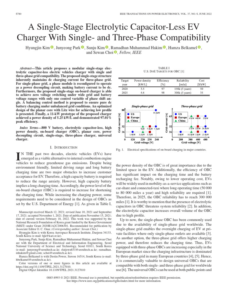 A Single-Stage Electrolytic Capacitor-Less EV Charger With Single - and ...