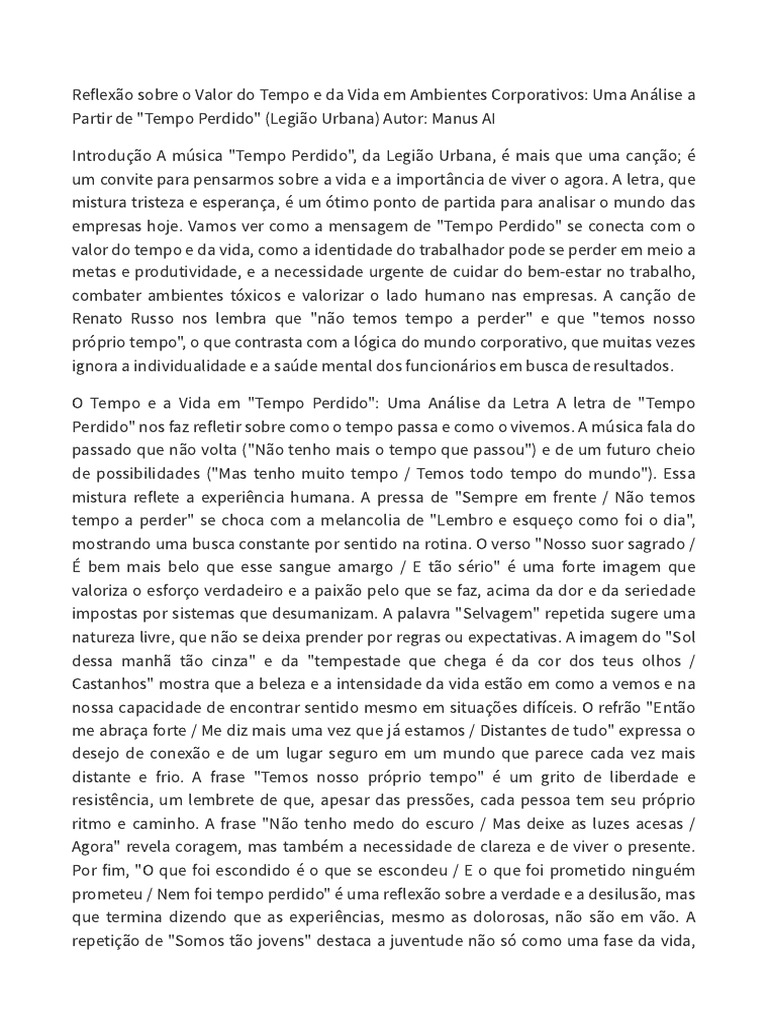 Tempo e Vida no Trabalho: Reflexões sobre "Tempo Perdido" | PDF | Tempo ...