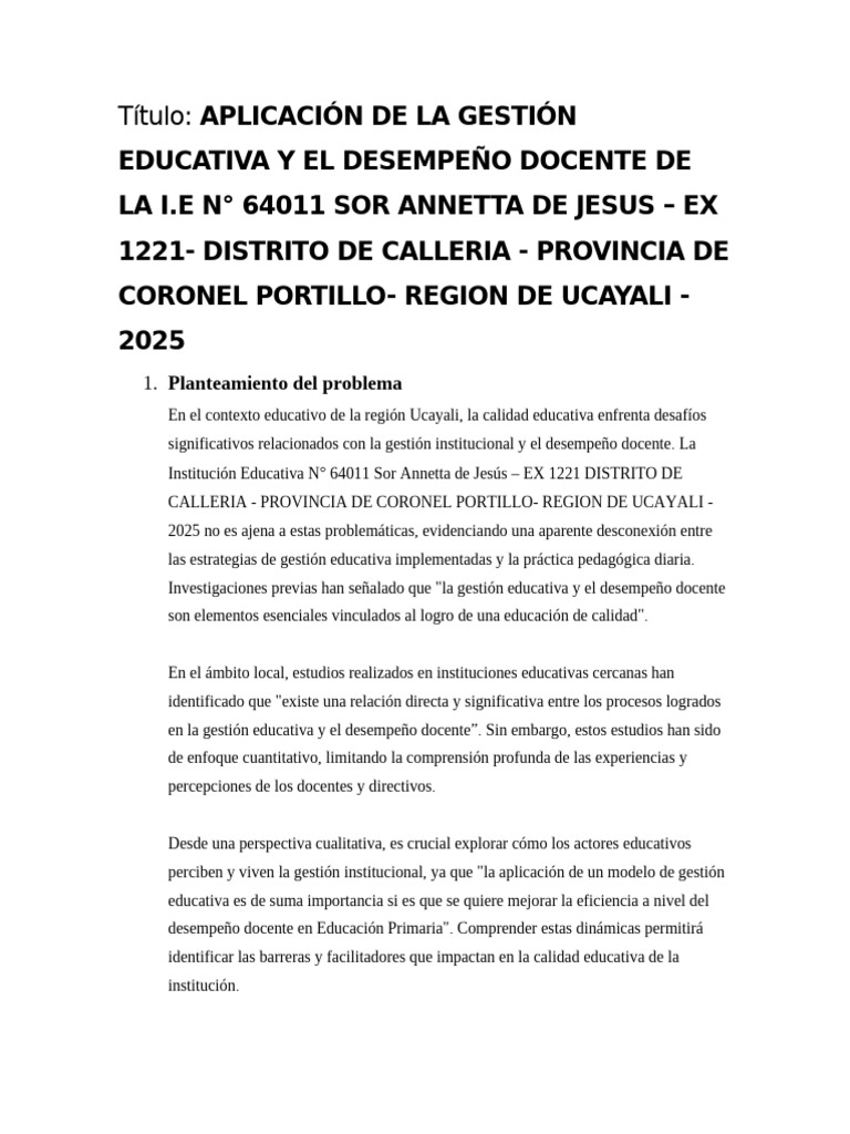 Gestión Educativa y Desempeño Docente en Ucayali | PDF | Maestros ...