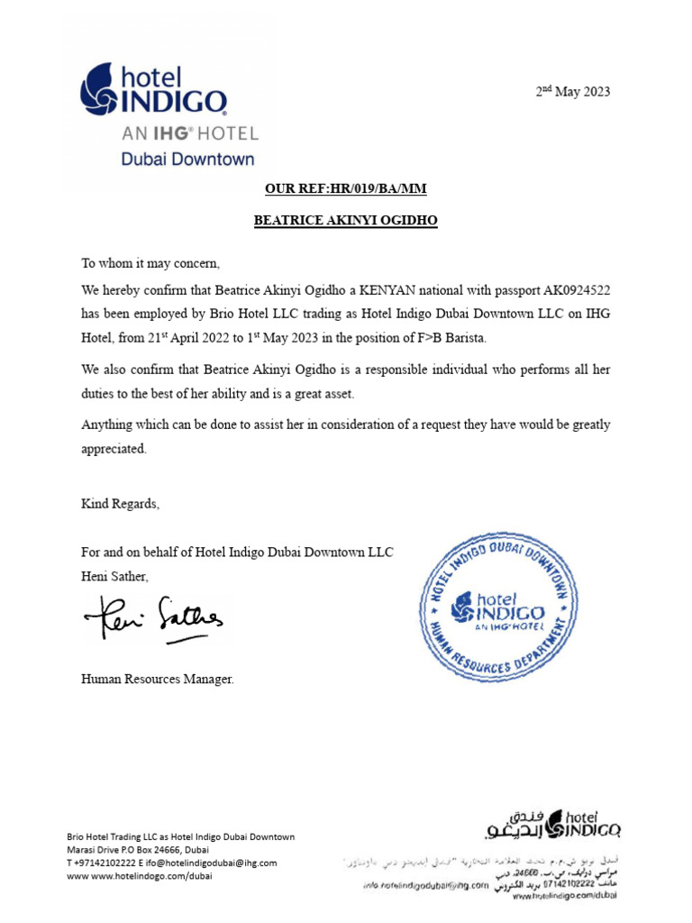 Hotel Indigo Letter | PDF