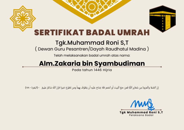Sertifikat Badal Umrah Tgk Muhammad Roni | PDF