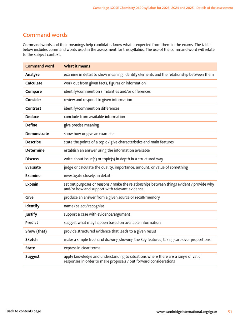 Cambridge IGCSE Chemistry Command Words | PDF | Information | Evidence