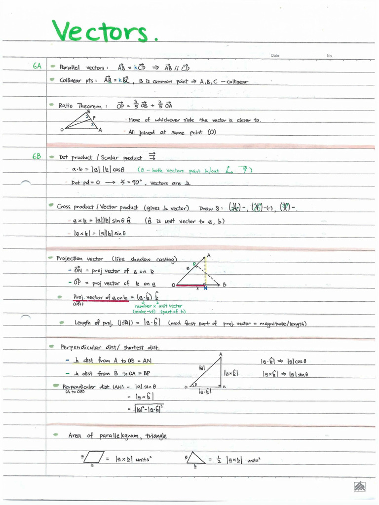 H2 Maths Summary Notes Vectors | PDF