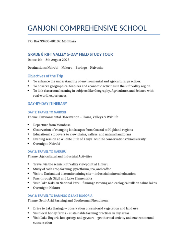 Grade 8 Rift Valley Field Study Tour | PDF