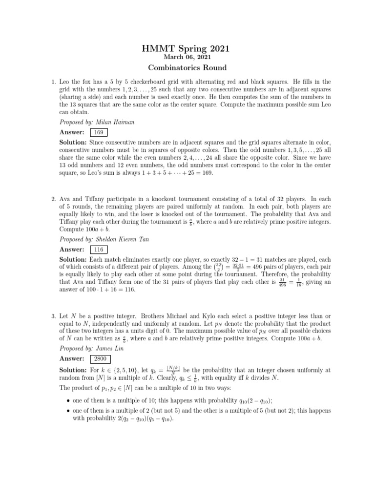 HMMT Spring 2021 Combinatorics Solutions | PDF | Mathematical Concepts ...