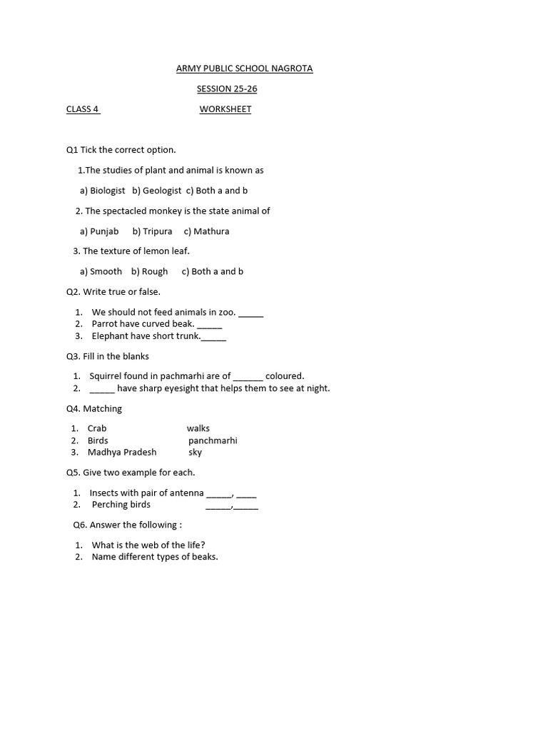 Class 4 Environmental Science Worksheet | PDF