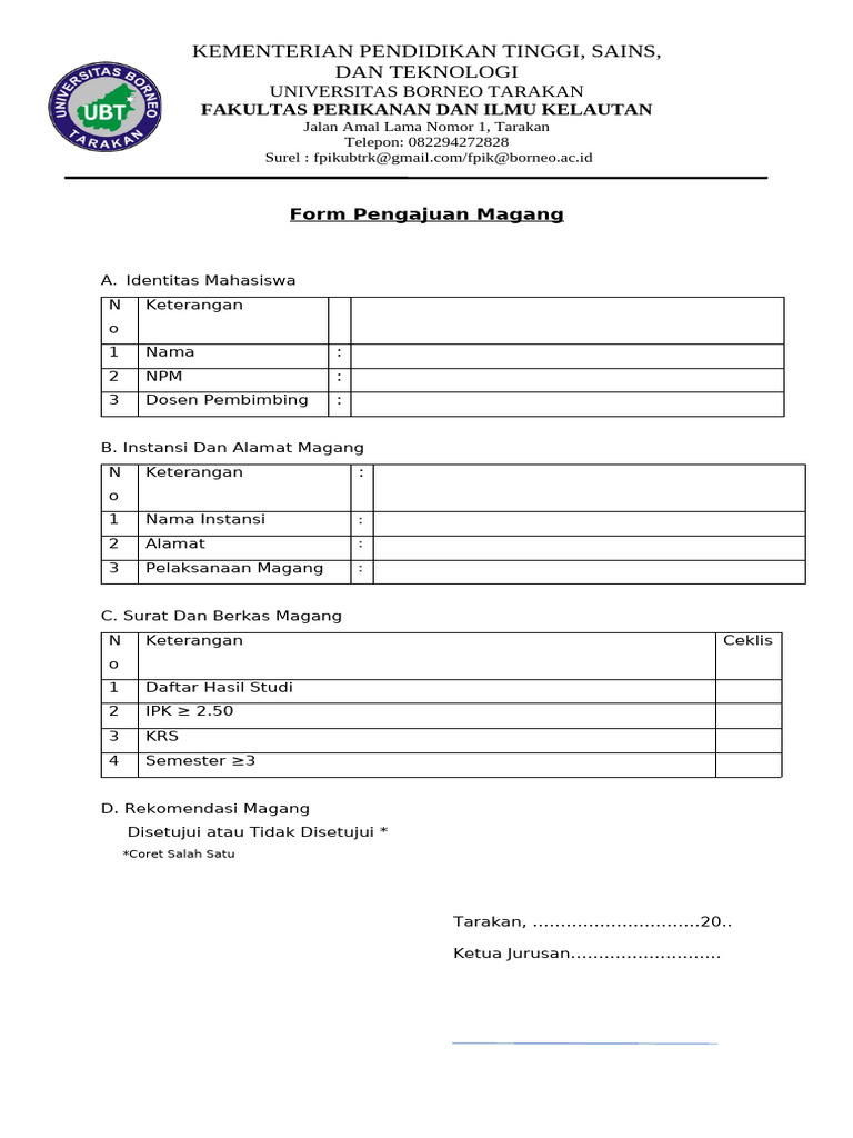 Formulir Pengajuan Magang Mahasiswa FPIK | PDF