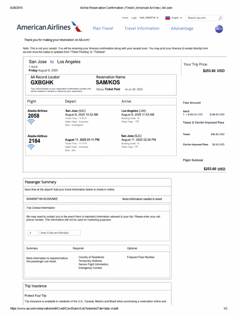 Airline Reservation Confirmation Finish American Airlines AA 1 | PDF