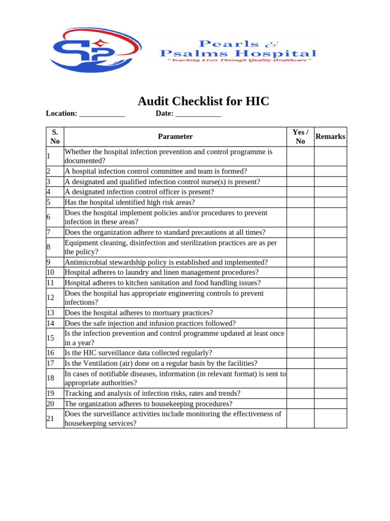 Hospital Infection Control Audit Checklist | PDF