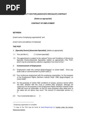 Model Contract of Employment For Specialty Doctors and Associate 
