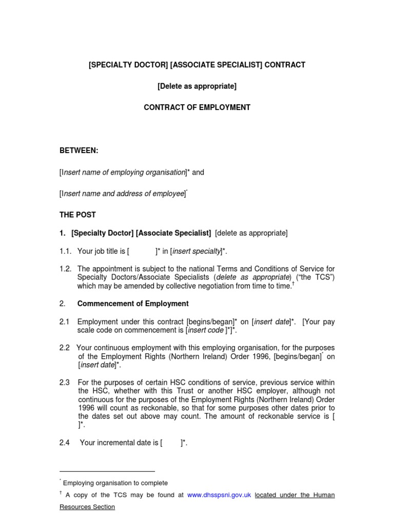 Model Contract of Employment For Specialty Doctors and Associate 