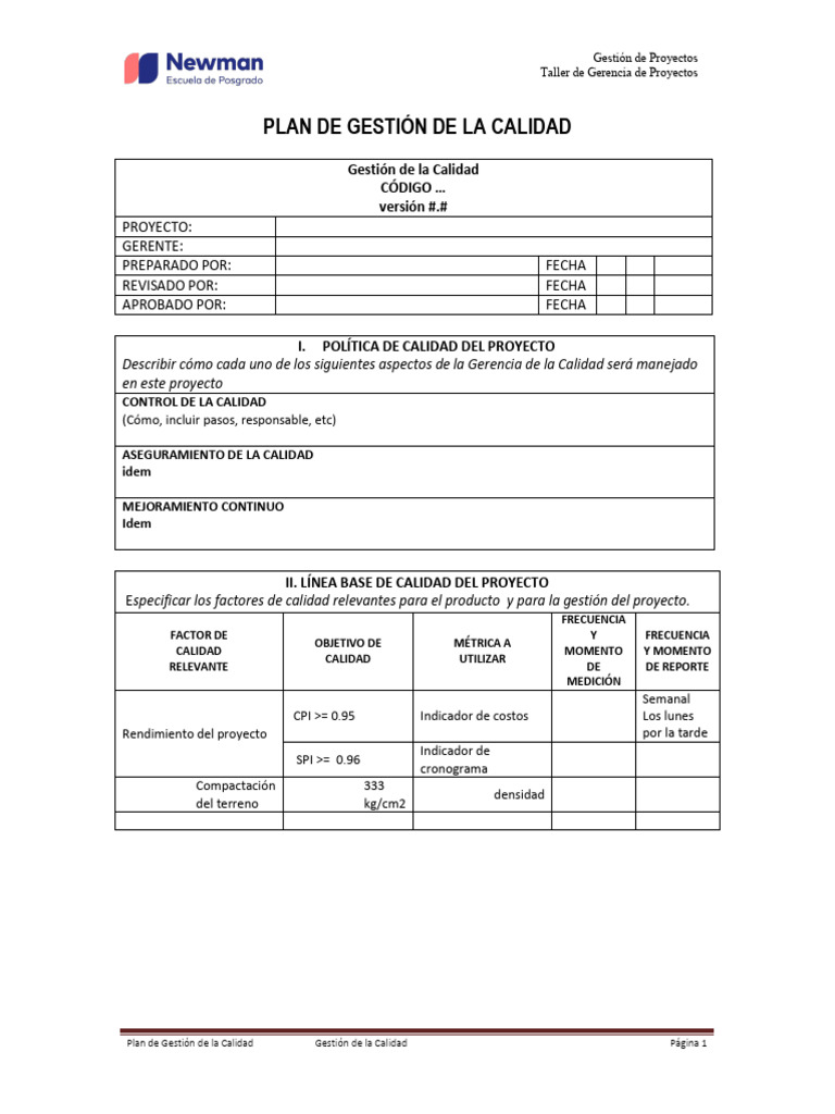 Plan de Gestión de la Calidad en Proyectos | PDF | Gestión de la ...