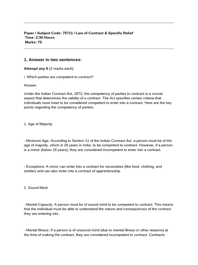Contract Model Answer Set (2) | PDF | Misrepresentation | Breach Of ...