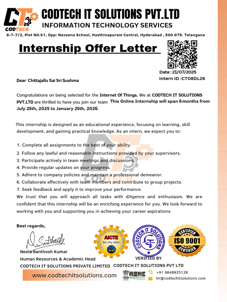 Internship Offer Letter - CODTECH IT Solutions | PDF