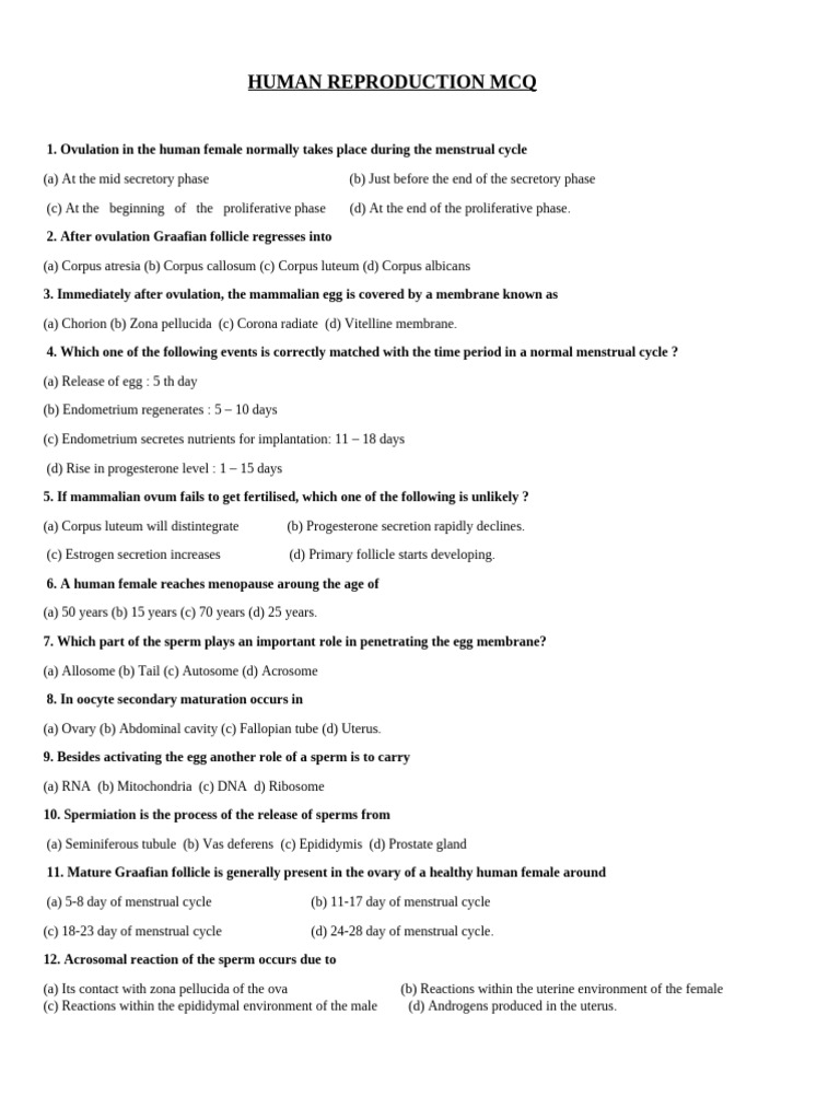 Human Reproduction MCQs Guide | PDF | Menstrual Cycle | Reproduction