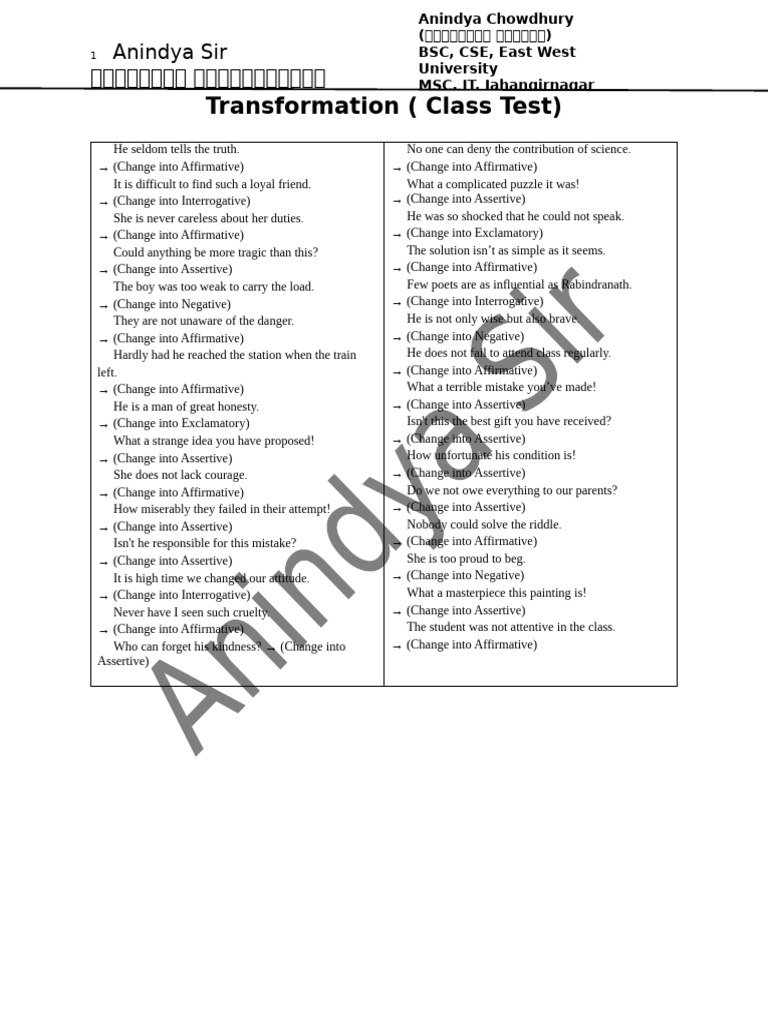 Transforming Sentences Exercise Guide | PDF
