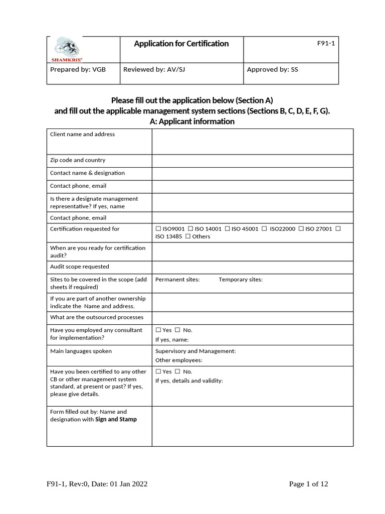 ISO Certification Application Form | PDF | Occupational Safety And ...