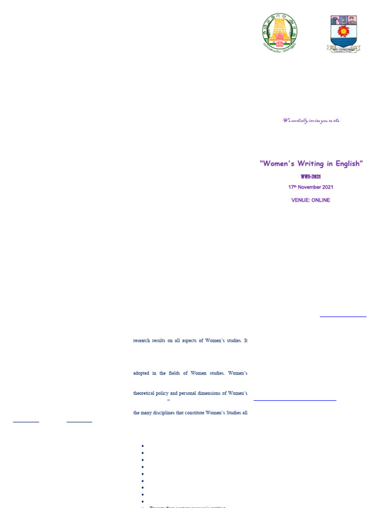 International Conference on Women's Writing | PDF | Feminism | Gender ...