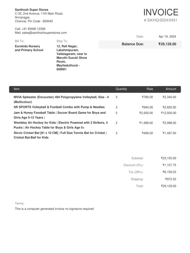 Invoice for Eurokids Nursery Purchase | PDF