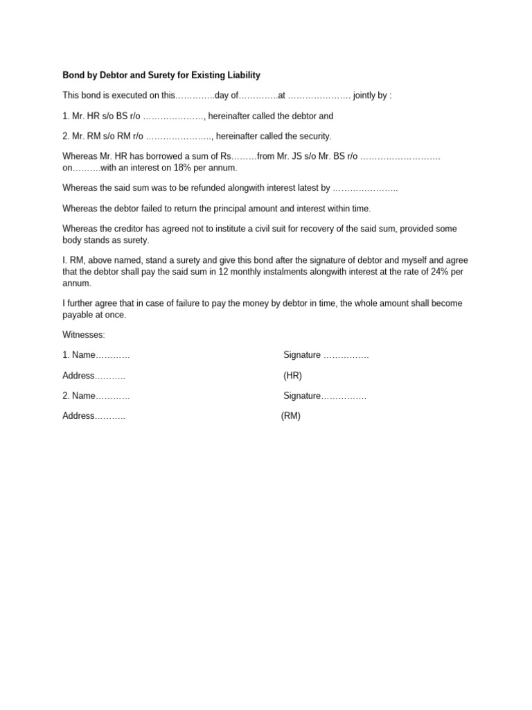 Bond by Debtor and Surety For Existing Liability | PDF