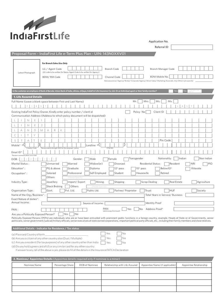 IndiaFirst Life e-Term Plus Proposal Form | PDF | Insurance | Life ...