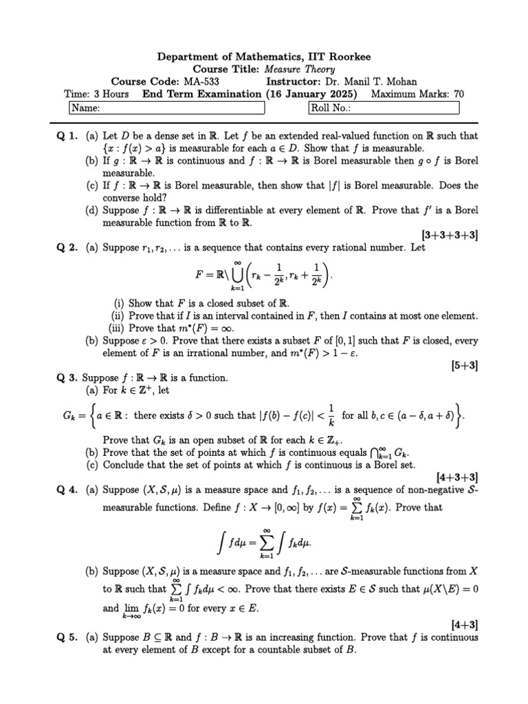 IIT Roorkee Measure Theory Exam 2025 | PDF | Function (Mathematics ...