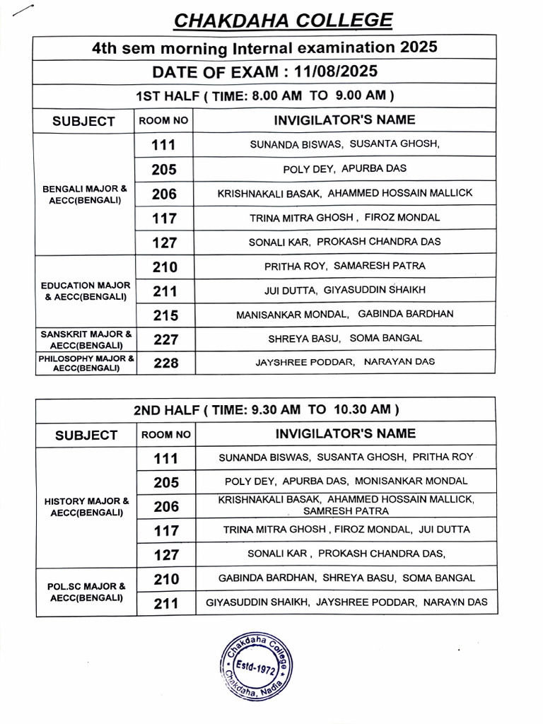 4th Sem Internal Exam Schedule 2025 | PDF | Bengal