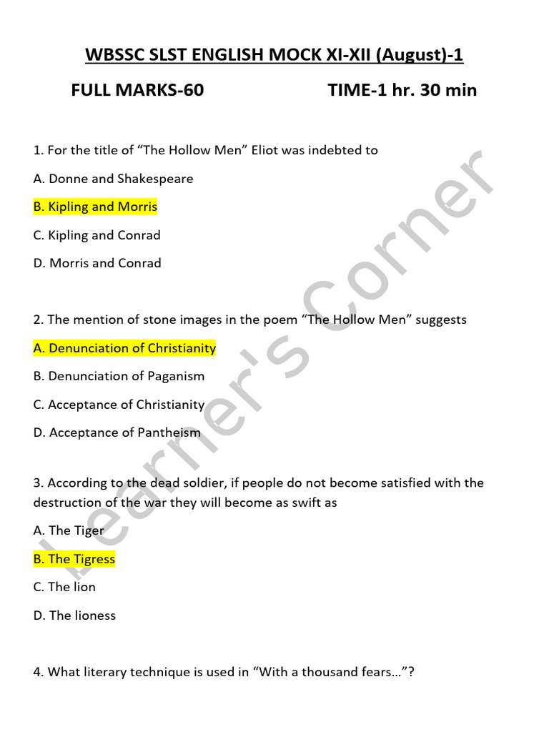 WBSSC SLST English Answer Key 2025 | PDF | David Copperfield